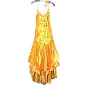 VTG Y2K Maxi Dress Womens M Orange Halter Beaded Tiered Tropical Wedding Ombre